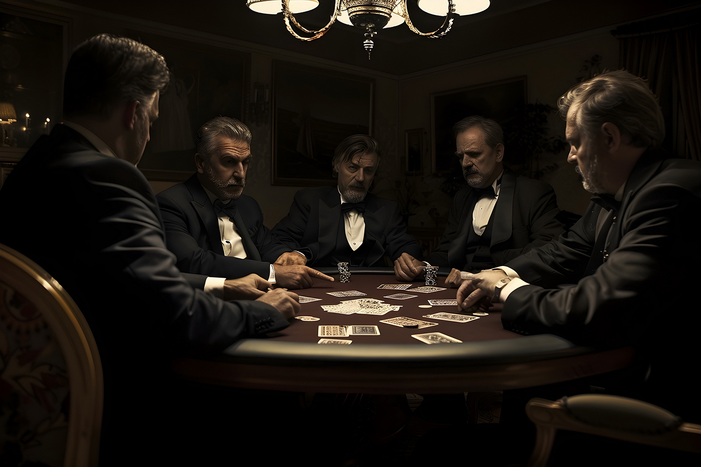 Man playing card game indoors in a dark room around a table