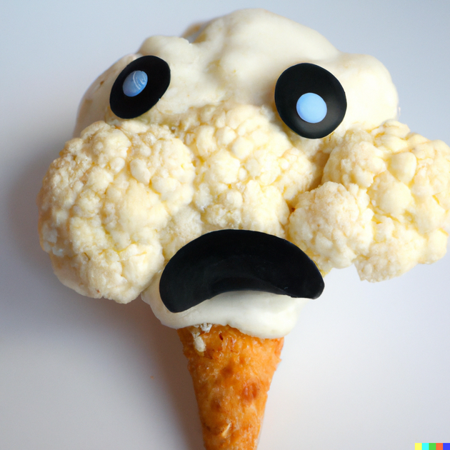 DALL·E 2022-08-13 15.06.48 - a cauliflower with a face disliking icecream.