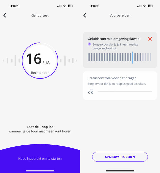 <i>Links de gehoortest. Rechts check van omgevingsgeluid.</i>