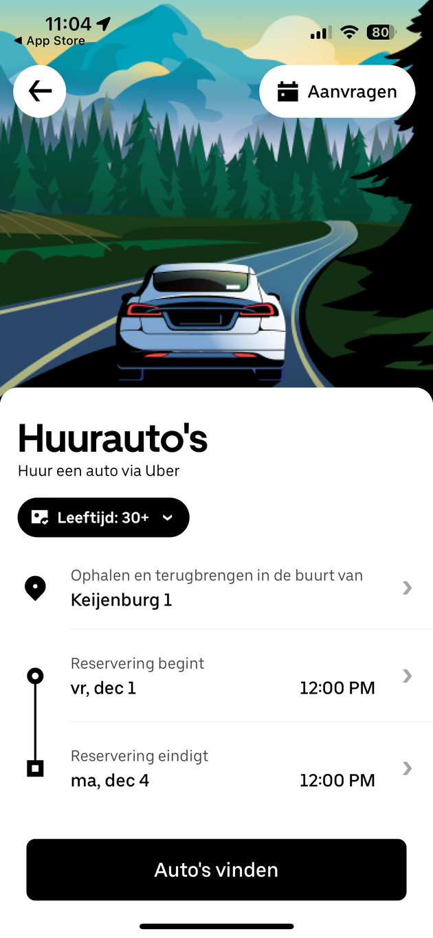 <i>Onder diensten > huren > kom je uit bij alle uber rent opties.</i>