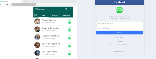 Voorbeeld van nep Whatsapp gropen en nep facebook inlogpagina